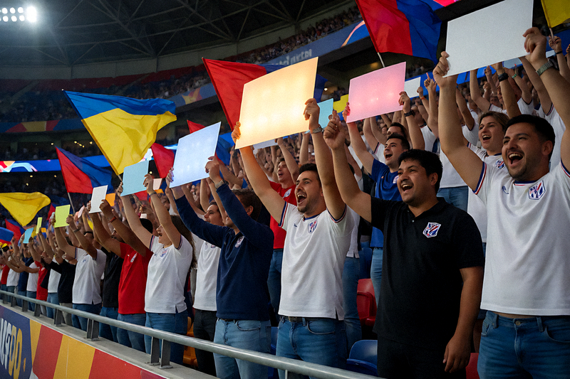 体育场内观众席上的球迷为比赛加油，球场灯光照亮看台