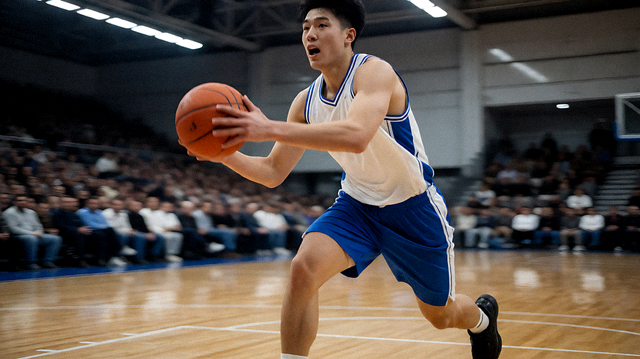 篮球比赛中球员突破上篮的赛场瞬间照片