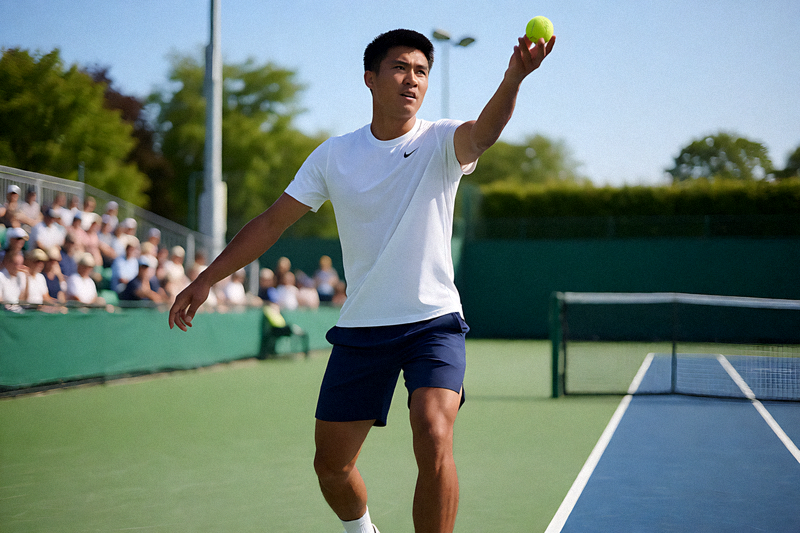 网球场地上选手准备发球的比赛场景
